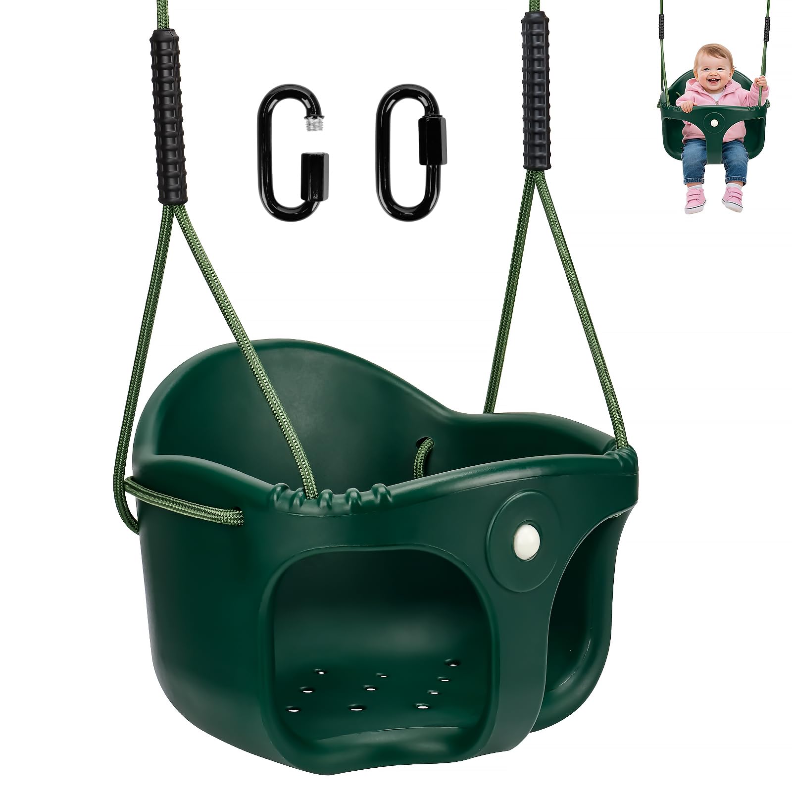 Dakzou Jungle Gym High Back Full Bucket Toddler Swing Seat Upgraded Heavy Duty with Finger Grip Chain Fully Assembled Swing Set Accessory【 Green