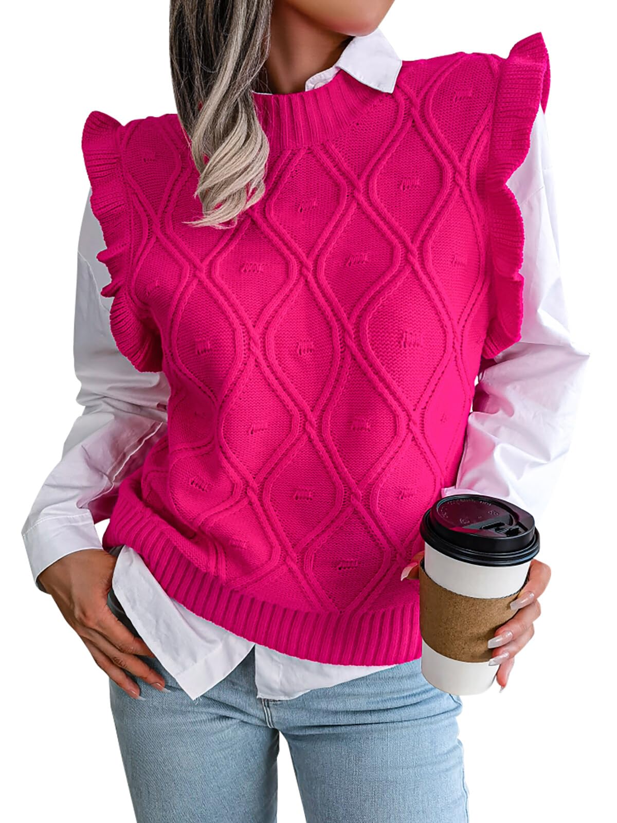 FEOYA Pulls Tricoté sans Manche Col V pour Femme Gilet en Tricot Chaud Classique Casual Mignon Décontracté Ample Vintage Débardeur Chandail Top Tricot Hiver Automne Printemps Noel S-XXL