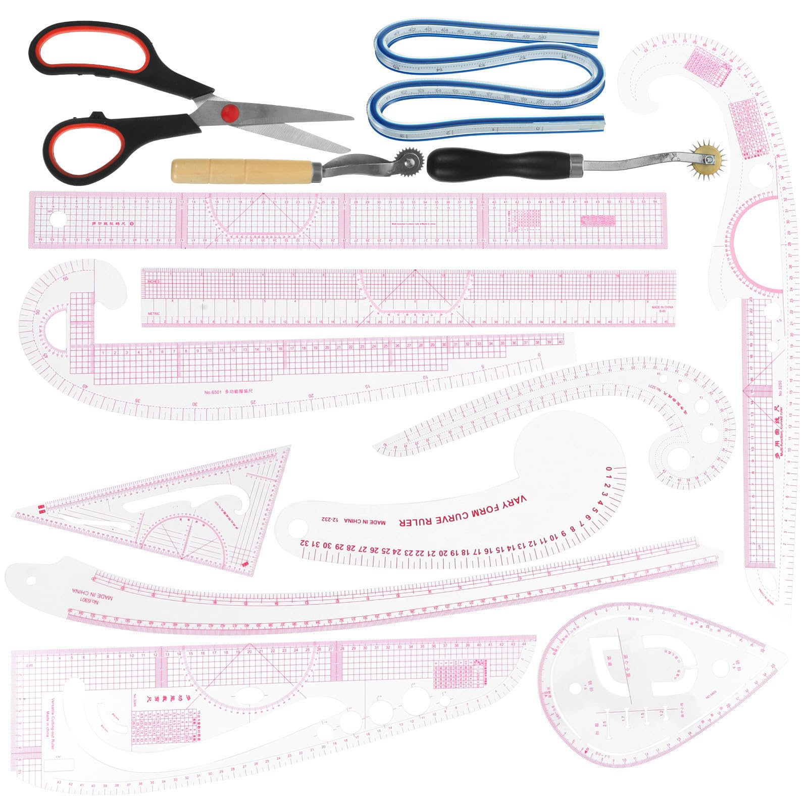 Hemobllo Nählineal and Effizientes Nähen aus Pvc und Edelstahl mit Kurvenlineal 14 Stück für Präzises Schnittmusterzeichnen und Effizientes Nähen für Designer und Anfänger