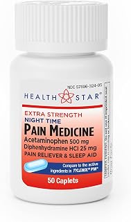 GeriCare Extra Strength Night-Time Acetaminophen 500 mg, Diphenhydramine HCI 25 mg Caplets - Dual-Action Formula for Effective Pain Management and Enhanced Sleep Quality, 50 Count (Pack of 1)