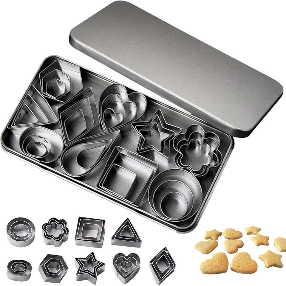Kit 30 Peças Cortador de Biscoito Inox em Aço Inoxidável, Formas Geométricas para Biscoitos, Bolos e Doces,Círculo, Quadrado, Coração, Estrela,Ideal para Confeitaria e Uso Doméstico