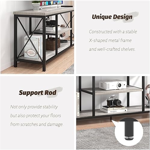 Miniatura 33 de FOLUBAN Soporte de TV para TV de hasta 65 pulgadas, centro de entretenimiento de madera rústica y metal con estantes de almacenamiento, mesa consola