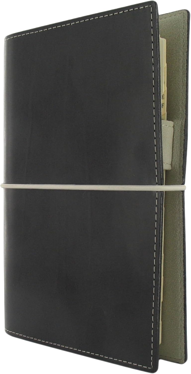 Filofax Domino Organizer, Personal Size, Black - Leather-Look, Contrast Stitching, Six Rings, Week-to-View Insert, Multilingual (C027802)