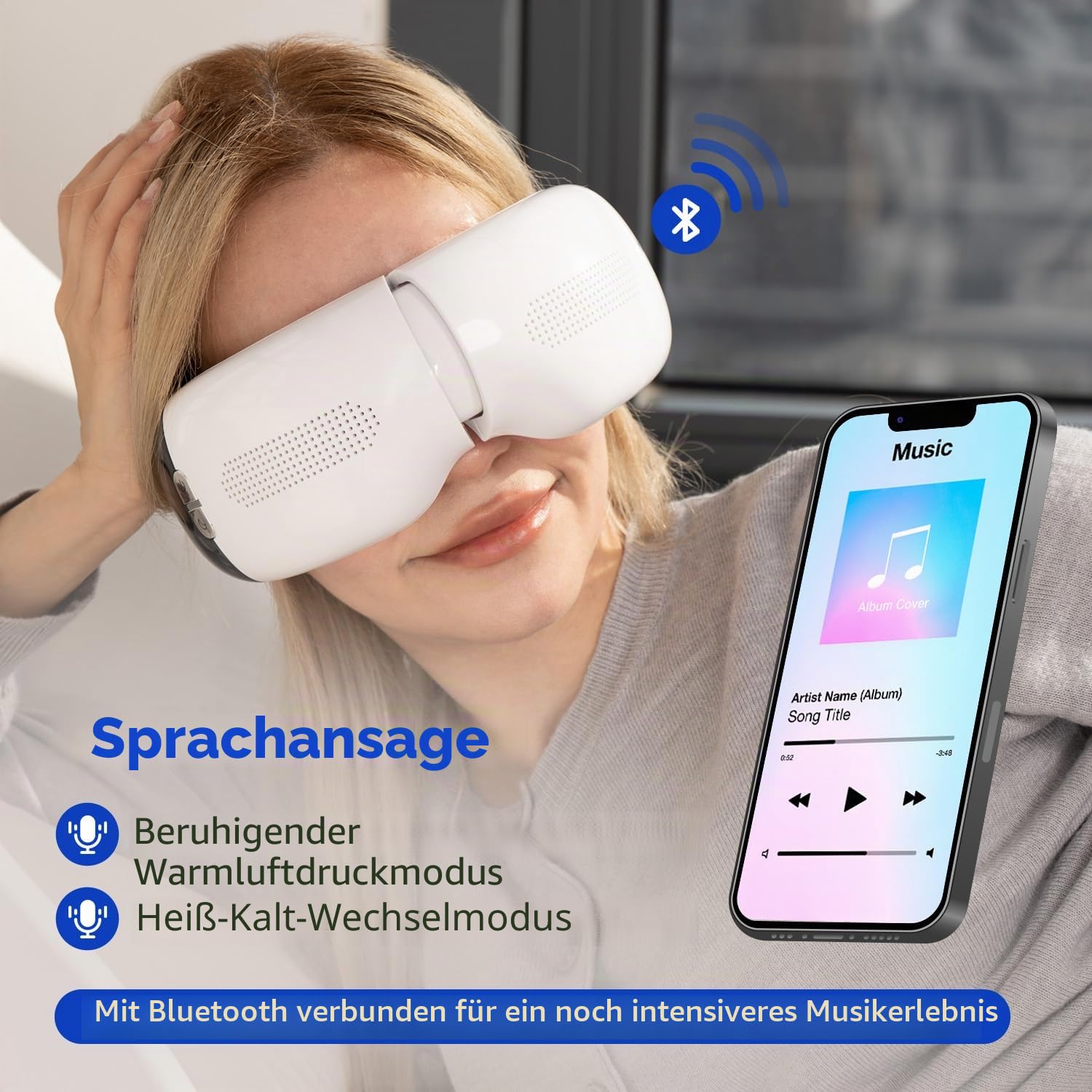 HubiCare Augenmassagegerät mit Wärme und Kühlung Augenmasken mit Heiß- und Kältetherapie, Kompression, Vibration zur Linderung von Migräne, trockene Augen, reduziert Augenbelastung, Bluetooth-Musik