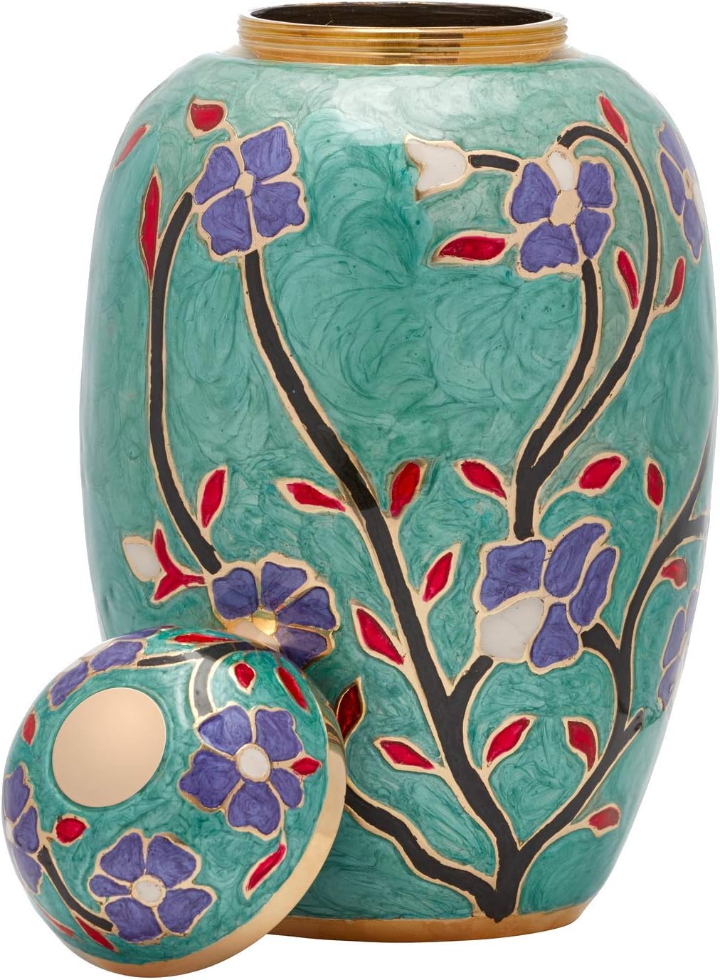 Cremation Urn - Flower Funeral Urn for Human Ashes - Burial urn with Lacquer Finish - 100% Brass - Flora Green