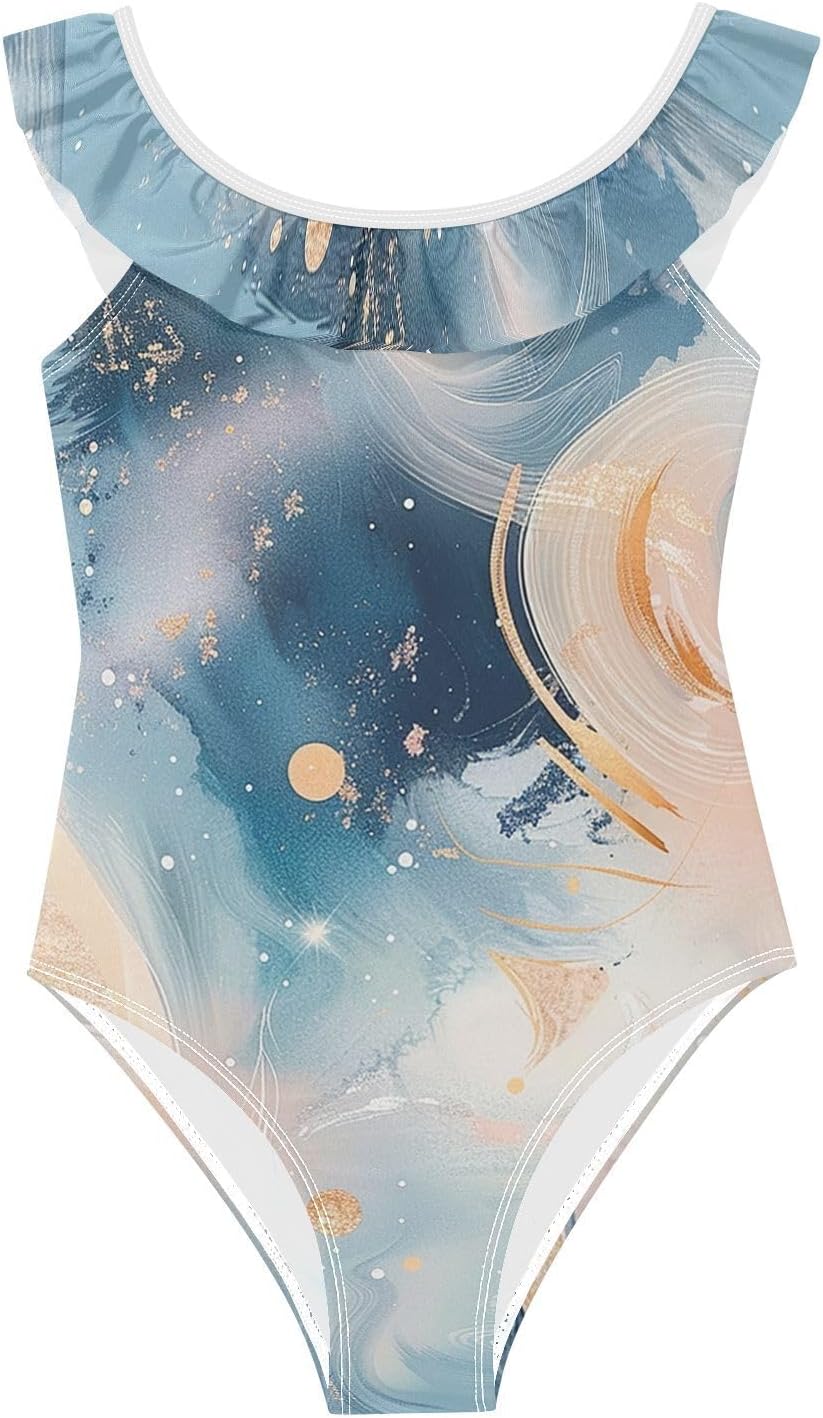 visesunny Girls One Piece Swimsuits Ruffle Swimwear Watercolor Fantasy Galaxy Planet Bathing Suits for Girls 3-6Y