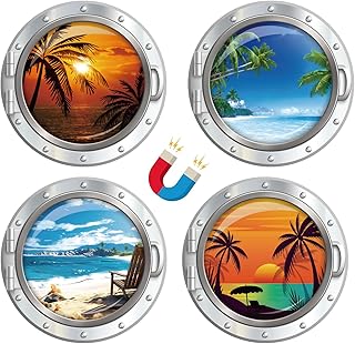 Large Cruise Door Decorations Magnetic - Cosmisun 4PCS Porthole Cruise Door Magnets Summer Scenery Palm Tree Beach Cruise Magnet Stickers for Carnival Cabin Refrigerator Cruise Party Ship Decor