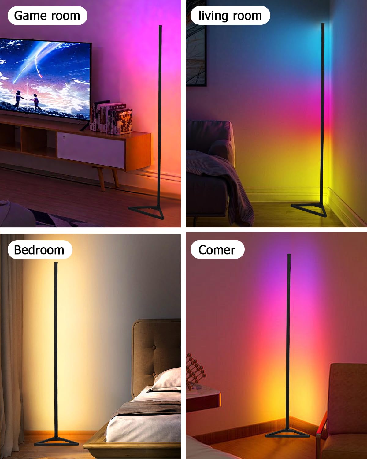 LED Lampa podłogowa Salon,RGB Narożna Lampa Ściemnialna ze zdalnym sterowaniem i sterowaniem aplikacją,16 milion kolorów,300 Tryby muzyki,Led Lampa podłogowa do salonu,Sypialnia,Pokój zabaw