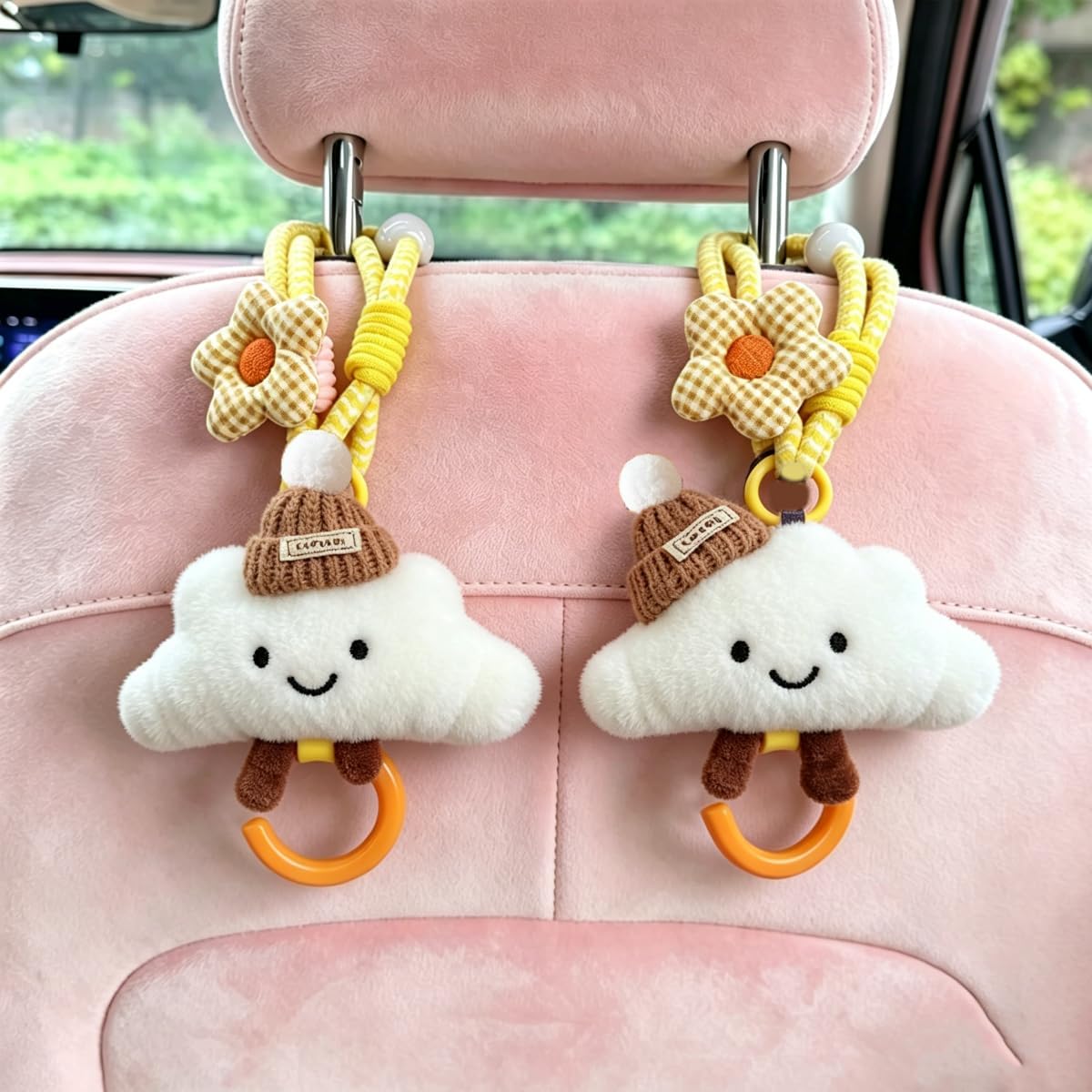 2 Pack Cute Car Headrest Hooks 360° Rotating Adjustable Length, Seat Decorative Hanger for Handbags Shopping Bags(Hat Cloud)
