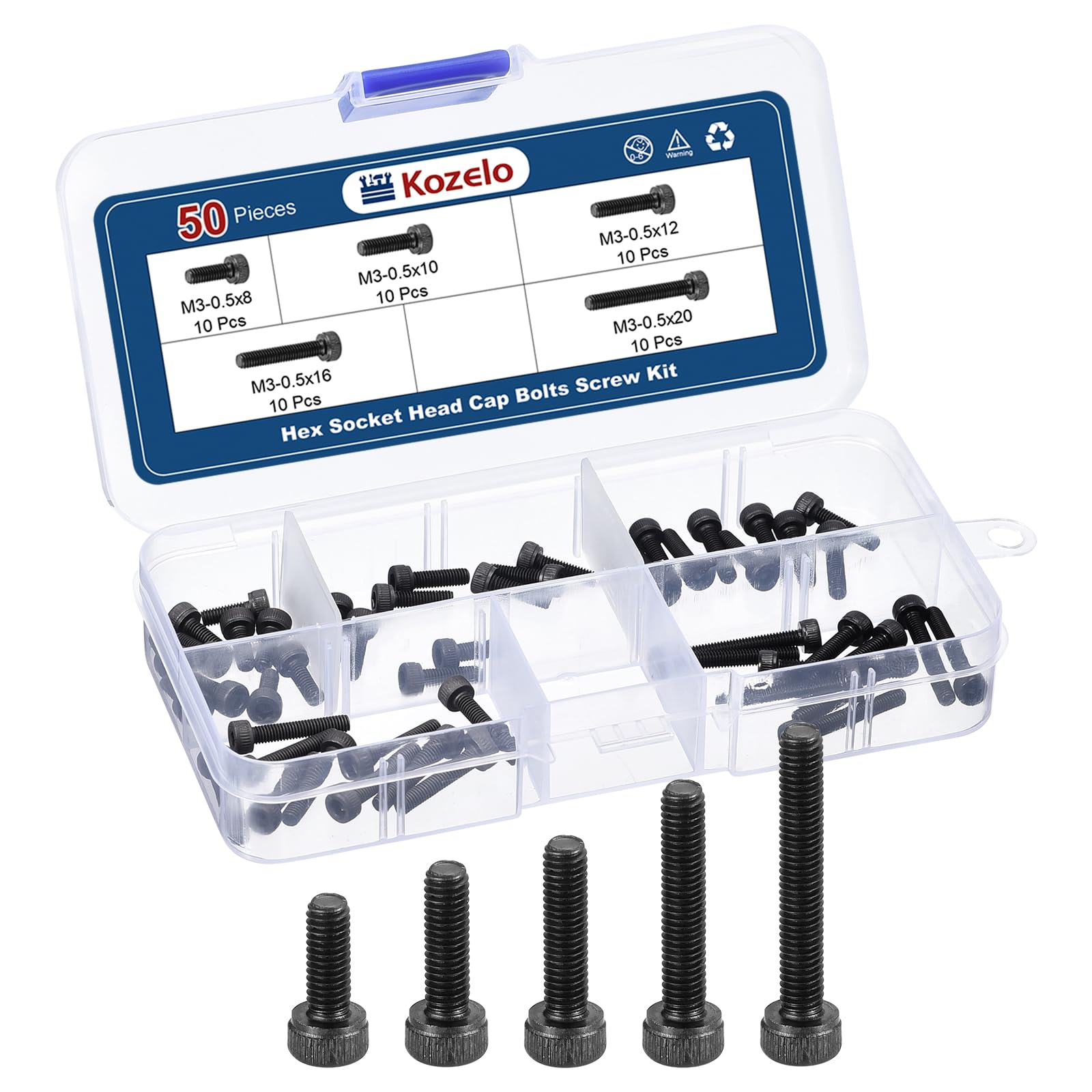 Kozelo 50pcs M3 Socket Head Cap Screws Bolts Nuts Assortment Kit - [M3x8/10/12/16/20mm] Alloy Steel Fully Threaded Black Oxide 12.9 Internal Hex Screw