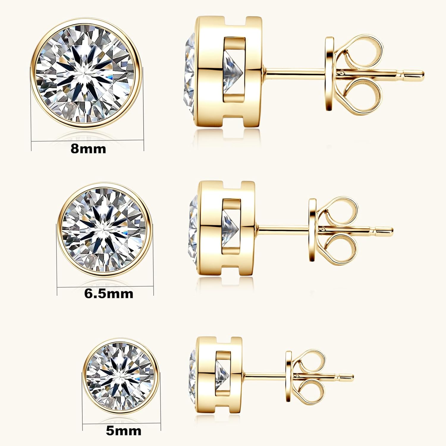 Moissanite Stud Earrings for Men, 1ct-4ct D Color Round Cut Moissanite, Sterling Silver Bezel Earrings for Women Wife Anniversary Birthday Gift - Image 3