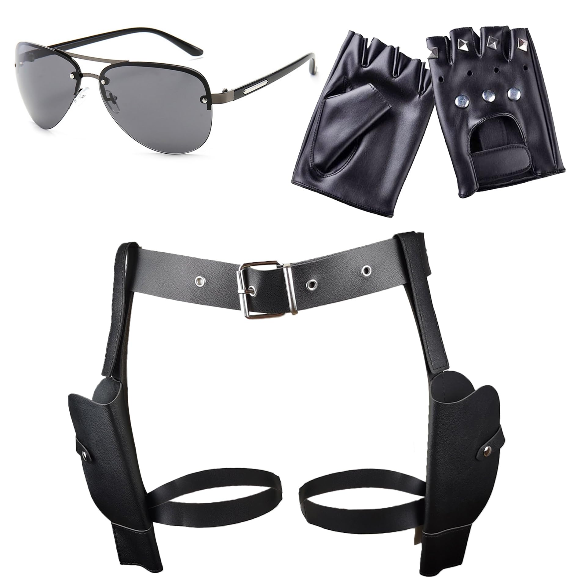 Doppia Fondina Pistola Cintura Nera Fondina Cosciale Tattica, Occhiali Da Sole Neri Guanti Pelle Senza Dita Donna Porta Pistola Gamba Accessori Carnevale Poliziotta Donna
