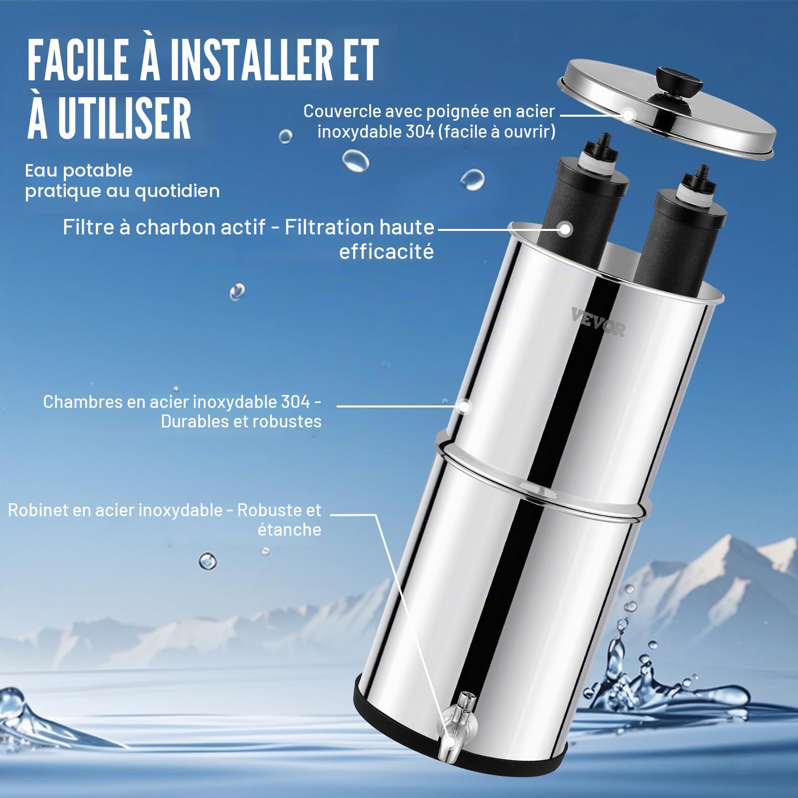 VEVOR Système de Filtration d'Eau par Gravité 8,5 L, Filtre à Eau par Gravité de Comptoir, en Inox 304, Réduction du Plomb et jusqu'à 99% du Chlore, avec 2 Filtres à Charbon et Robinet, Domicile