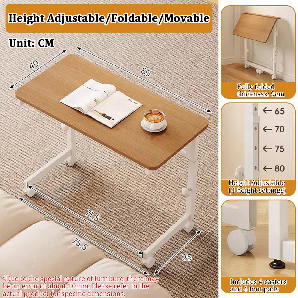 Tavolo Pieghevole A Forma Di C in Legno Massello Con Ruote Omnidirezionali A 360°, Comodino Medico Regolabile, Tavolino Accessibile in Sedia A Rotelle Per Disabili/Anziani,B is 80cm long