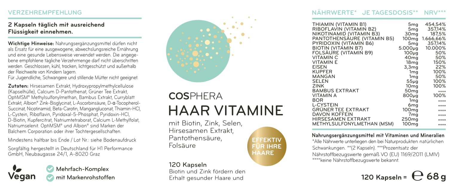 Cosphera Haar-Vitamine - Hochdosiert mit Biotin, Selen und Zink als Beitrag zum Erhalt normaler Haare. Plus Folsäure & Hirse Samen Extrakt (reich an Silizium) - 120 vegane Kapseln im 2 Monatsvorrat.