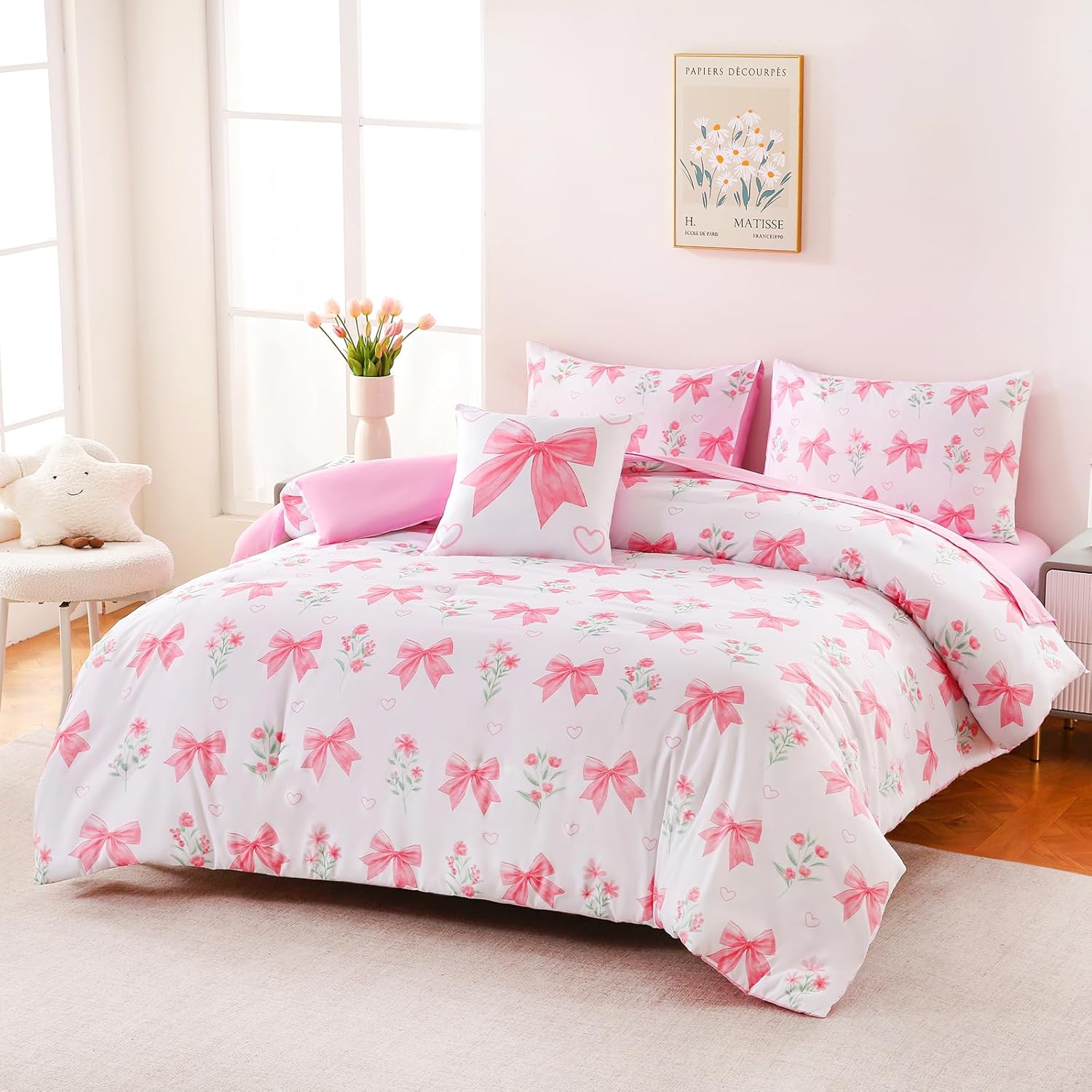 DORCAS Bow Comforter Set Twin Bed in A Bag for Girls,6 Pieces Pink Bow Bedding Sets with Sheets for Kids - Image 3