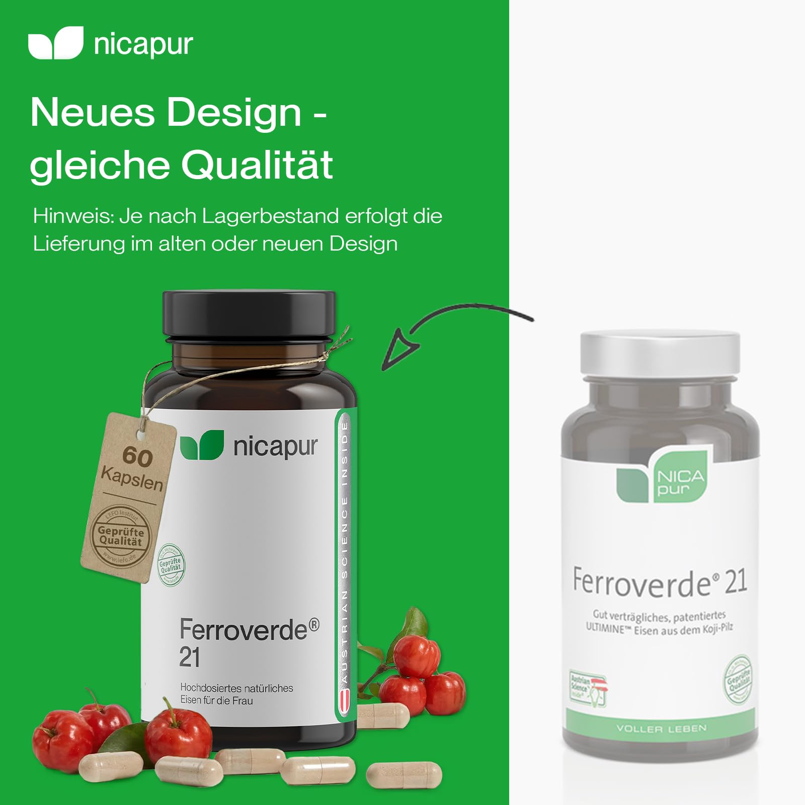 nicapur Ferroverde 21 – 21 mg hochdosiertes Eisen mit Vitamin C aus roter Acerola – 60 Kapseln, vegan, laktosefrei & laborgeprüft