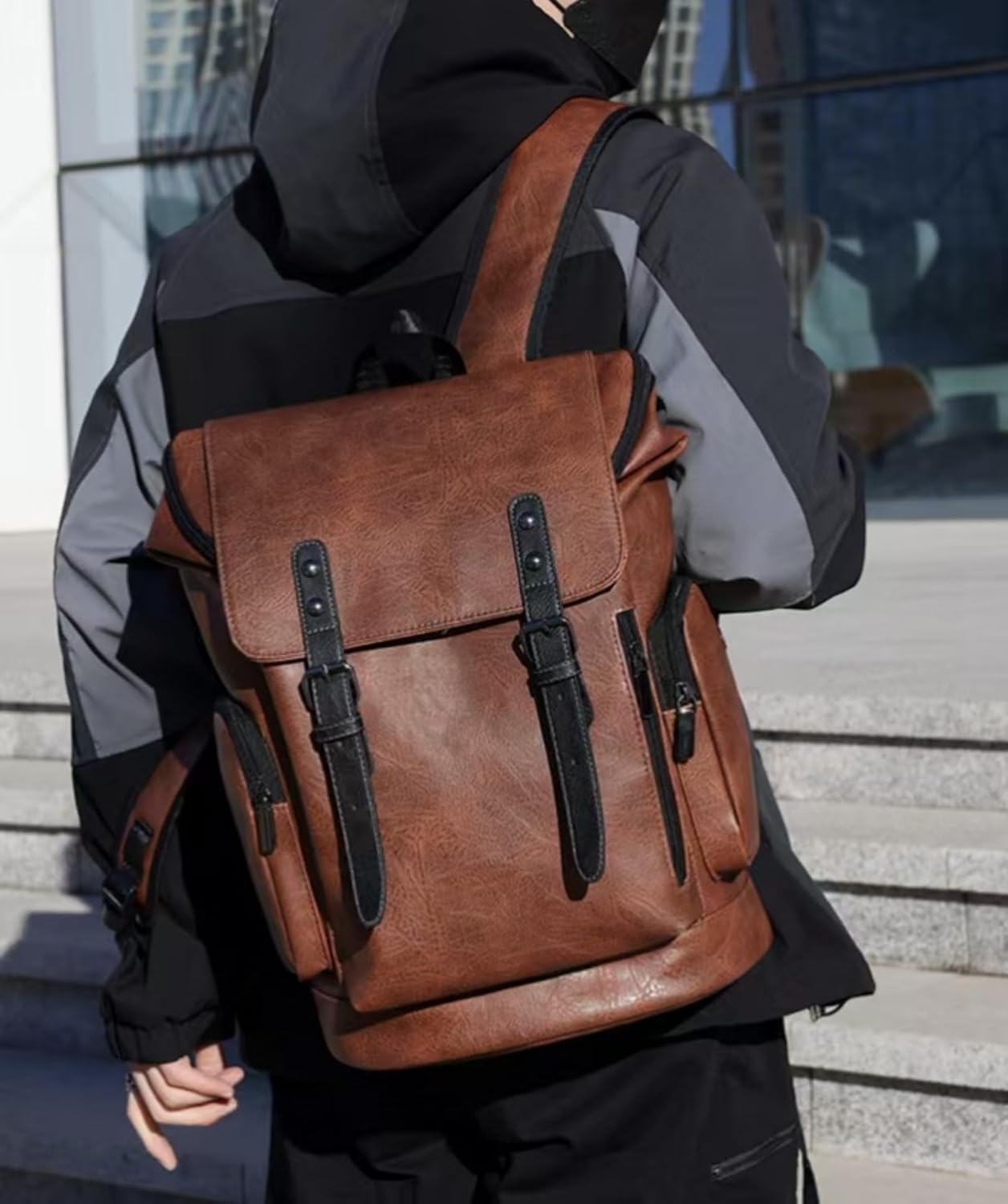 PU leather casual backpack 15.6 inches travel college work backpack business laptop backpack multi-pocket schoolbag (brown2,Backpack) Brown2 Backpack image 2 of 7 B0DY6BW159