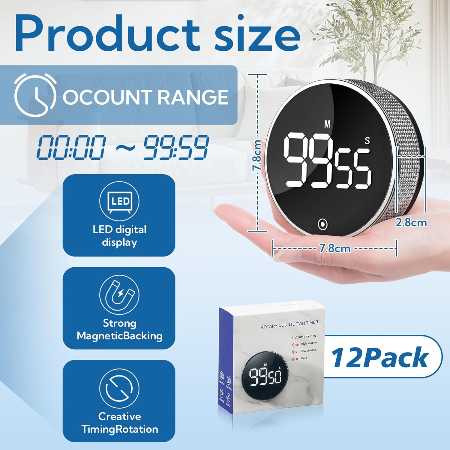 12 Pack Digital Kitchen Timer - Magnetic Kitchen Timer Visual timers Large LED Display Countup Timer 3 Volumes, 2 Brightness LevelsExtensively Use in Break Time, Cooking,Gym, Meeting, Classroom（Black）