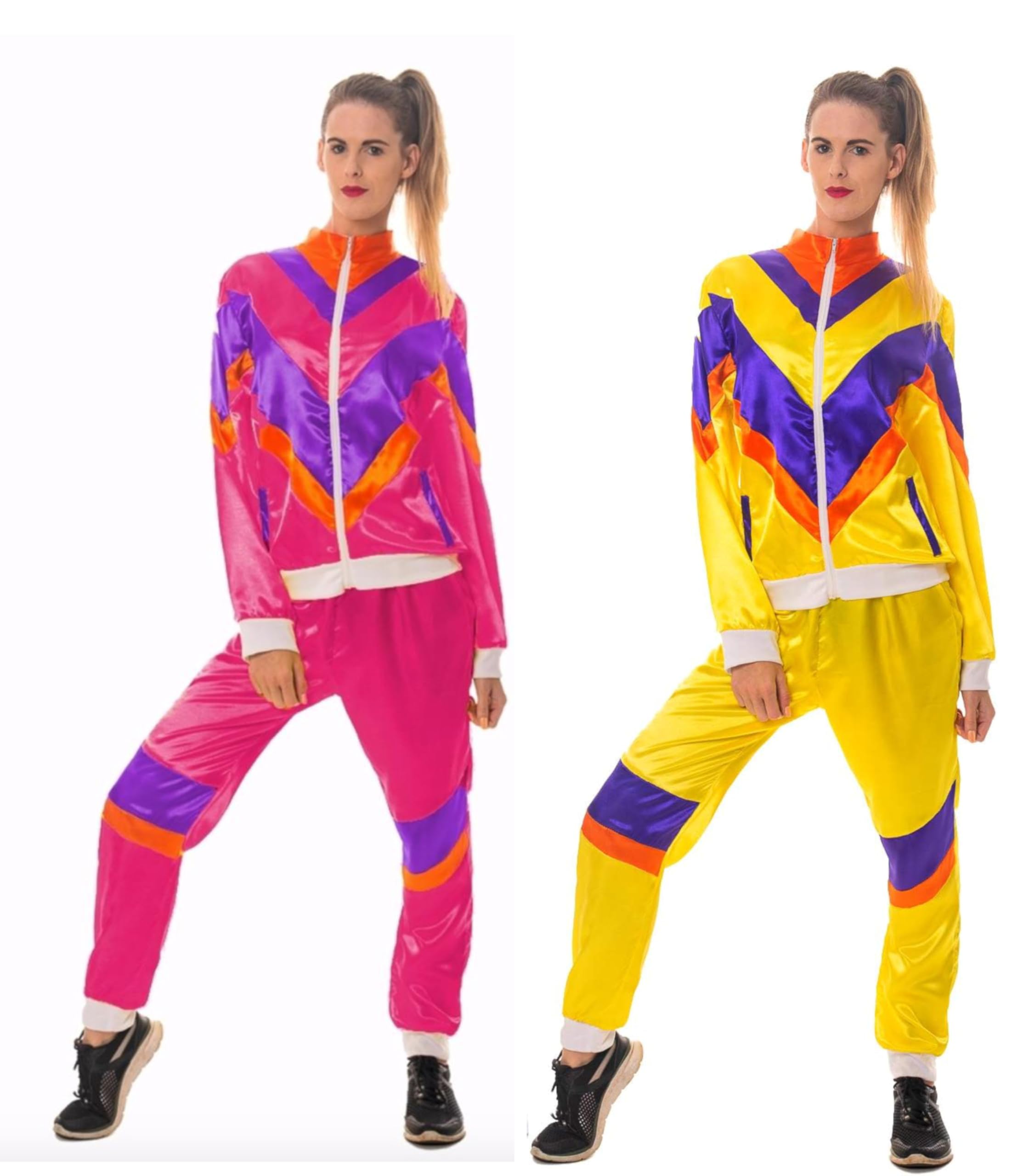 SoWest Ladies Yellow Shell Suit Costume – 1980's Scouser Fancy Dress Shell Suit Chav Tracksuit | Adults Zip Up Jacket + Matching Trousers | 1980s Height of Fashion Outfit for Women - S