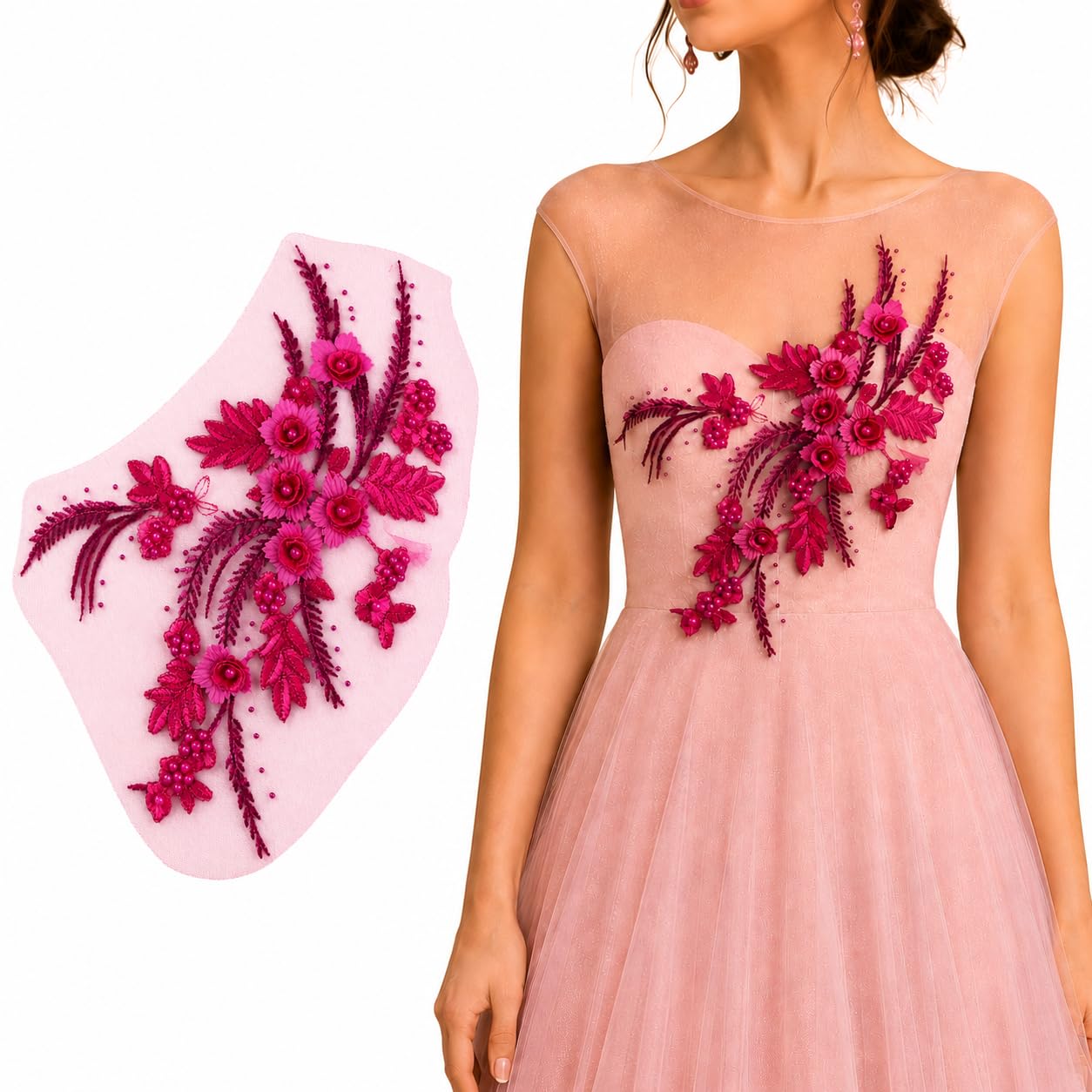S.A.V.I Big Floral Embroidery Patch Sew-On Applique 34x25 cm | Hot Pink 3D Beaded Mesh Lace Motif for Kurtis, Blouses, Sarees, Gowns, Jeans & DIY Fashion Customization-image-3