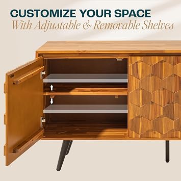 Bme Sideboard Georgina Solid Wood 2 Doors & 3 Drawers, 61'' Mid Century Modern Cabinet with Geometric Pattern for Kitchen, Dining, Living Room, Teak Brown