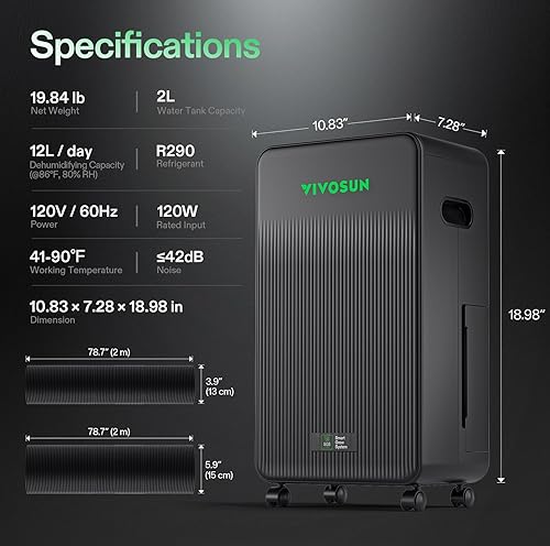 Miniatura 6 de VIVOSUN AeroDrain D12 - Deshumidificador ambiental inteligente, hasta 12Ldía, tanque de agua de 2 litros, con sonda de sensor de temperatura y