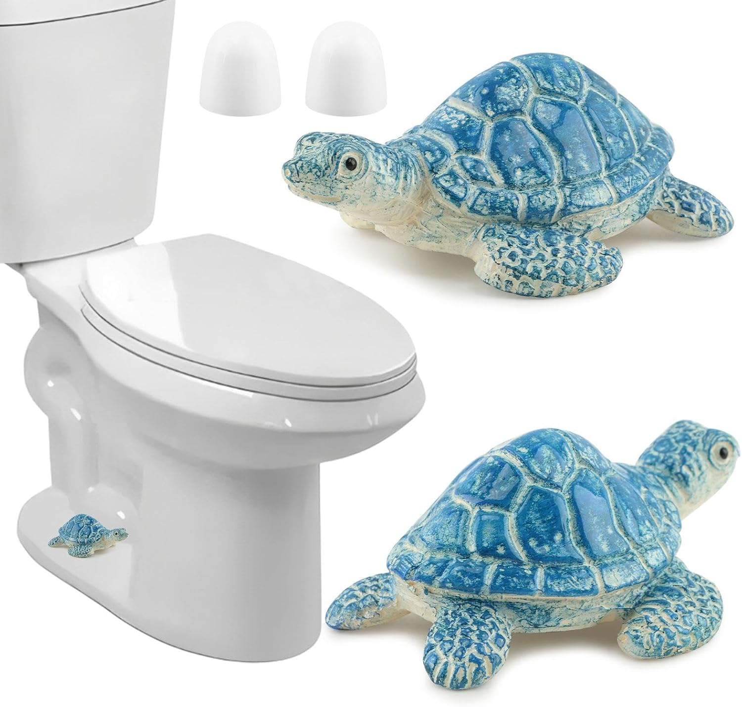 Sea Turtle Toilet Bolt Covers, 2 Pack Decorative Bathroom Caps with 2 Small Round Caps, Tool Free, Hardware Cover for Floor Bolt Concealment