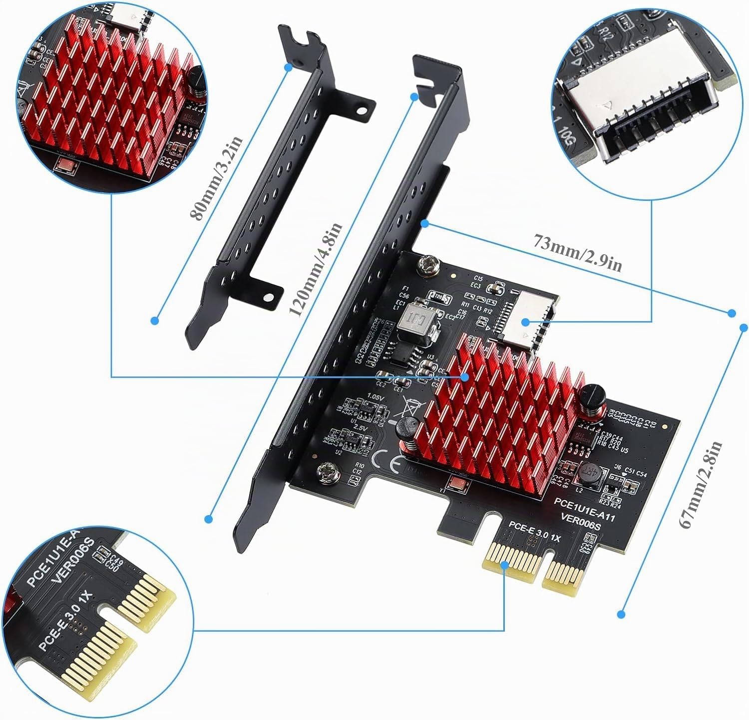 Connecteur de Panneau Avant PCI Express 1X vers C-Type, Carte d'extension PCIE USB3.2 GEN2 Type-E, Carte Adaptateur PCIE USB3.1 10 Gbps avec Puce ASM3142 pour WIN10/8/7