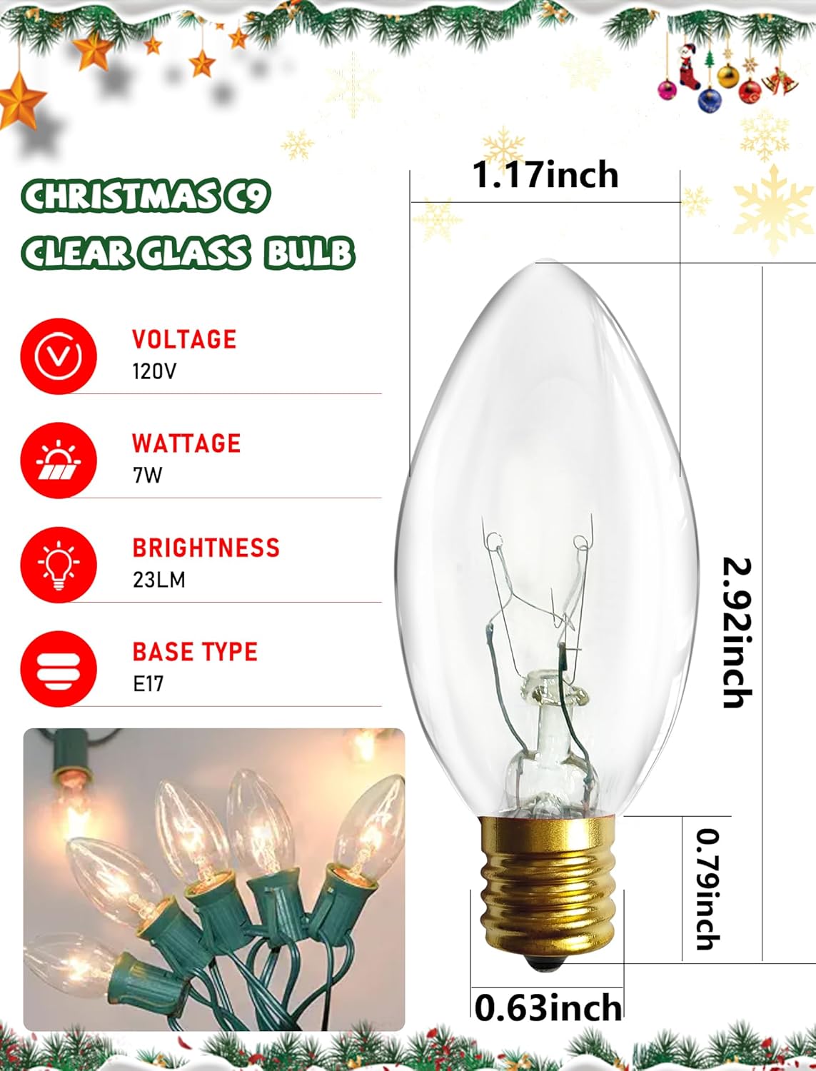 25PK C9 Clear Christmas Replacement Light Bulbs, C9 Incandescent Replacement Bulbs for Vintage Outdoor Christmas String Lights, E17/C9 Intermediate Base, 120V 7W Bulb, Warm White Night Light Bulbs