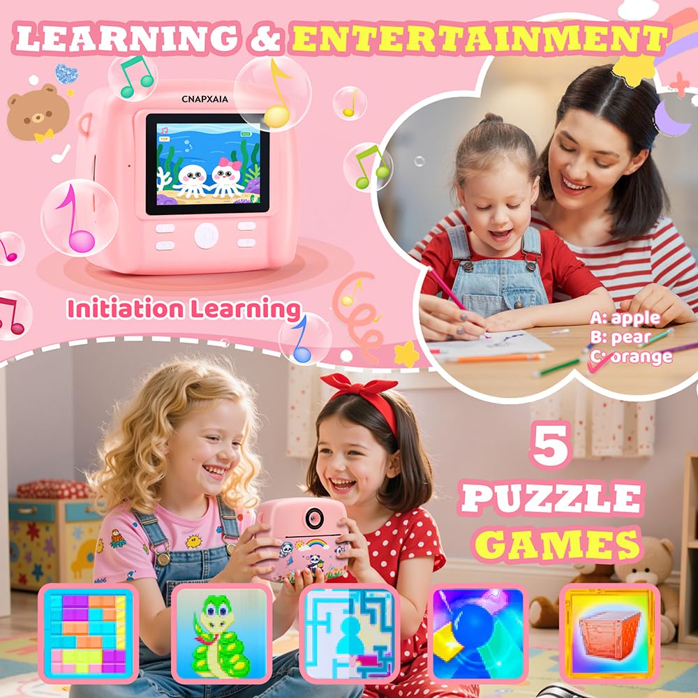 CNAPXAIA Appareil Photo Instantané Enfant, 2,4" Appareil Photo Numérique avec Imprimante sans Encre & Carte 32GB, Mini Caméra Enfant Cadeau Jouet pour Fille de 3 à 12 Ans (Rose)