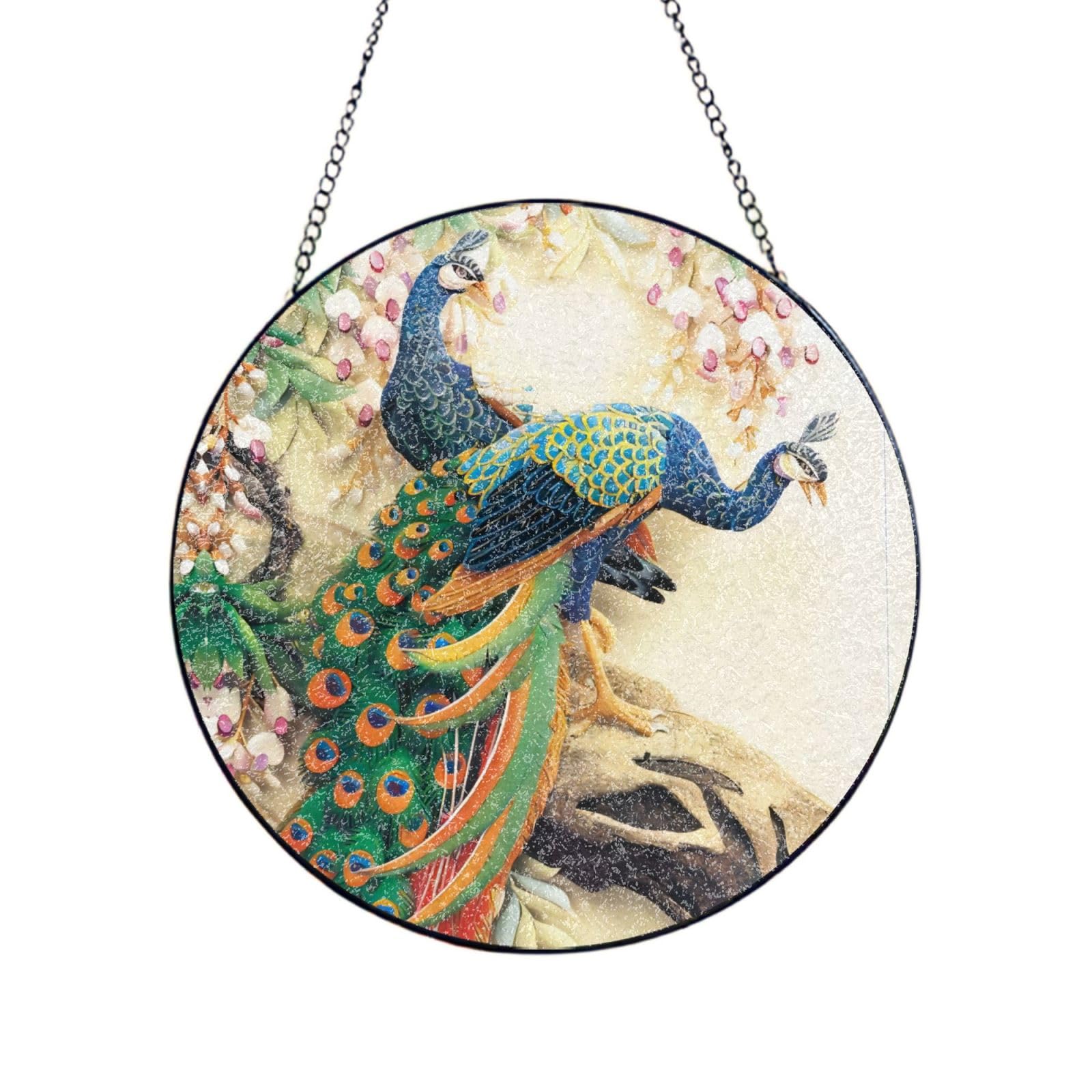 Phayah Oriental Peacock On Flower Tree Print Glass Window Hanging Round Suncatcher Glass Ornament Garden Wall Fence Decorations Indoor Outdoor 10in（25cm）