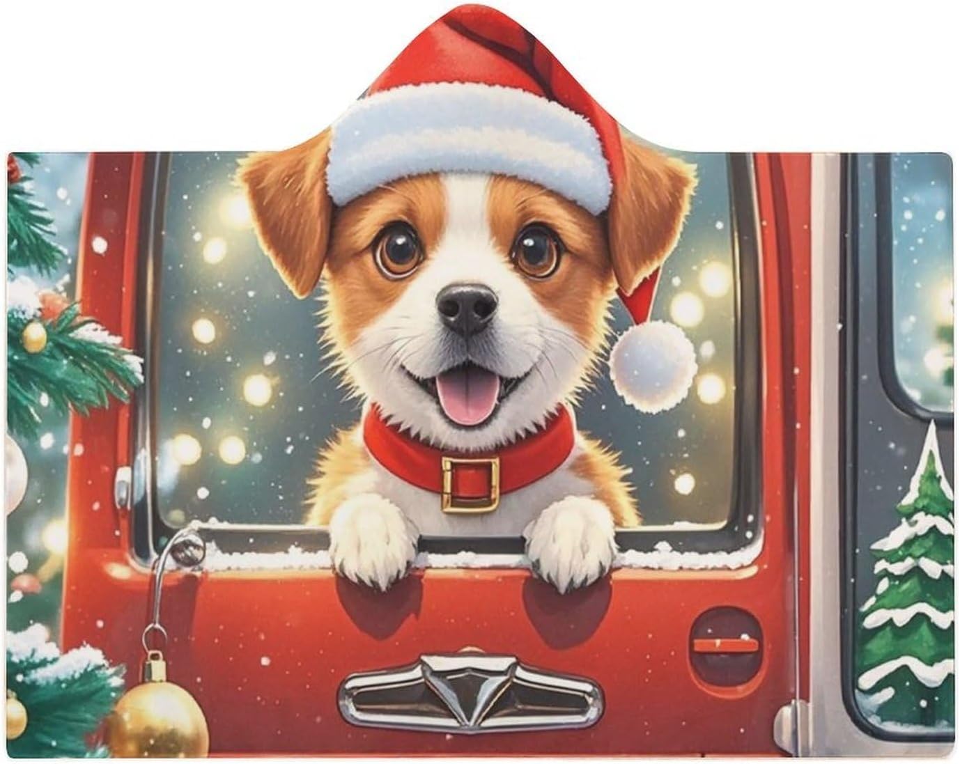 Red Truck Puppy Wearable Hooded Blanket, Ultra Soft Arctic Velvet Cape Cloak Unisex - Cozy Wearable Blanket