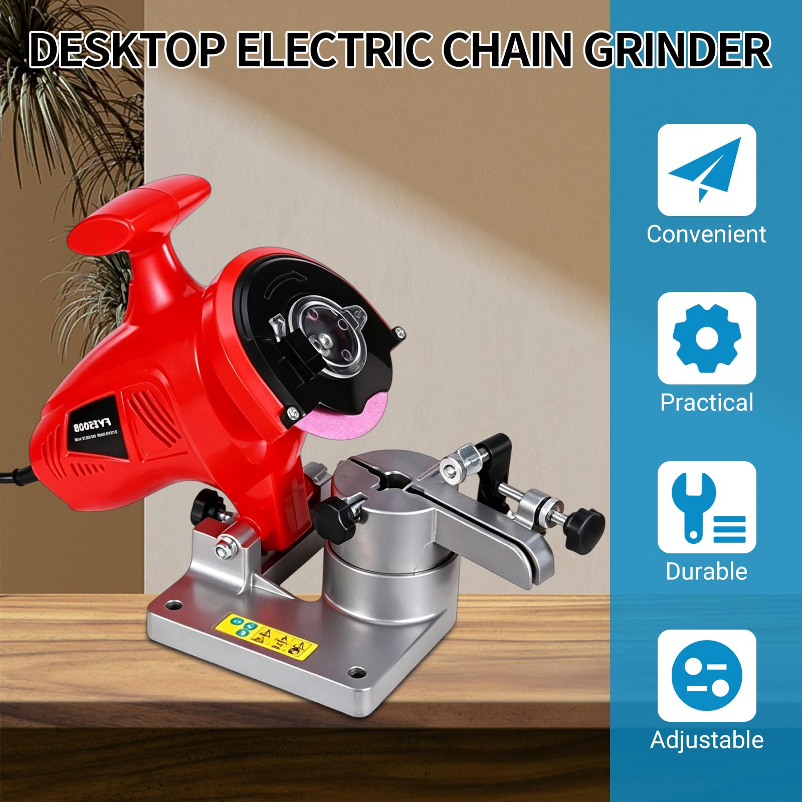 Afilador de motosierra eléctrico, afilador de cadena de sierra portátil de banco de 250 W con ángulo ajustable, amoladora de cadena de alta velocidad de 8400 rpm, afilador rojo resistente para cadenas