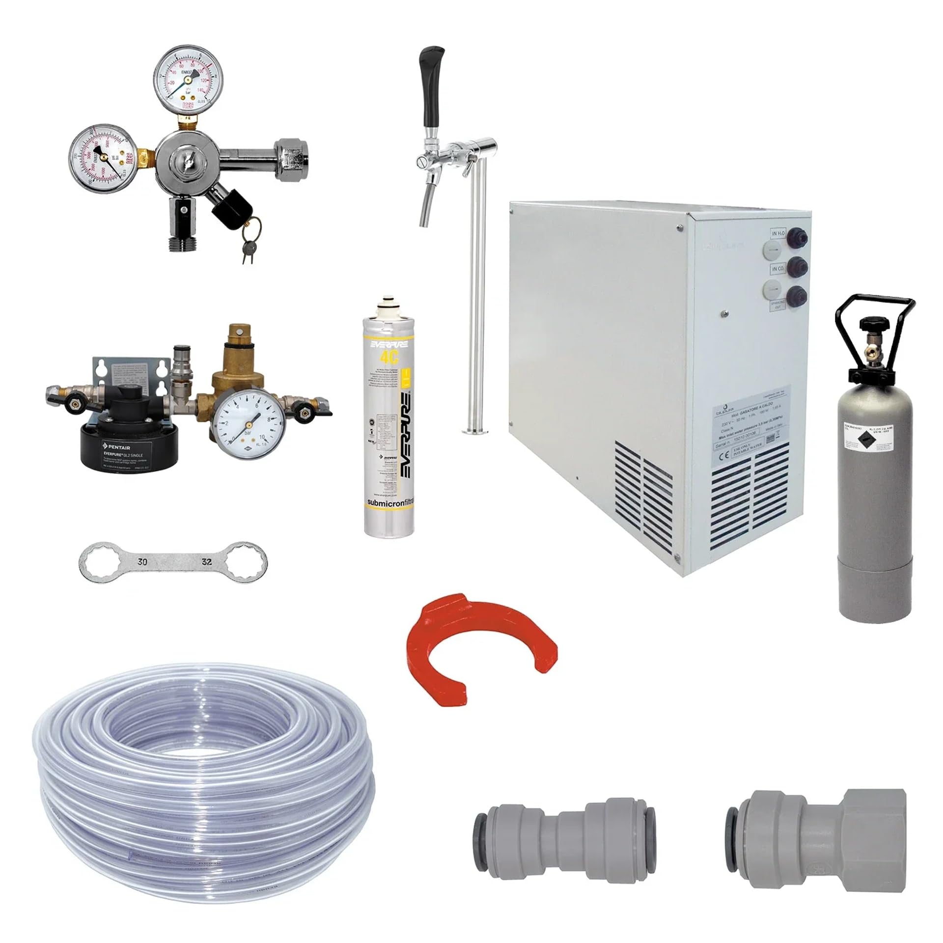 Blupura Kompletny Zestaw Gazownik do Wody, Dystrybutor Wody, Karbonator Ciepłej Wody – Saturator Wody Gazowanej z Filtrem Everpure 4C, Butlą CO2 (dwutlenek węgla) 2kg, Reduktorem Ciśnienia, 230V