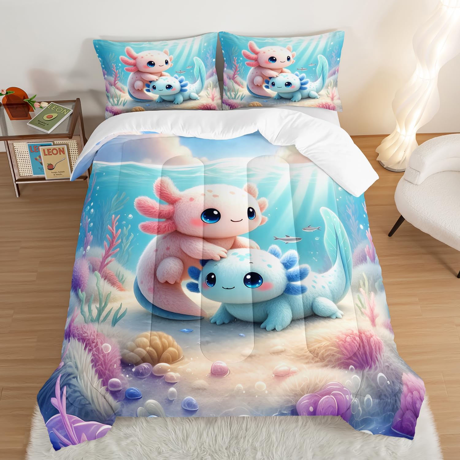 Cute Axolotl Bedding Twin Size,Pink Blue Axolotl Waterweed Coral Pattern Toddler Bed Comforter Set,Kawaii Ocean Life Bedding Sets for Kids Girls Room Decor with 2 Pillowcases.