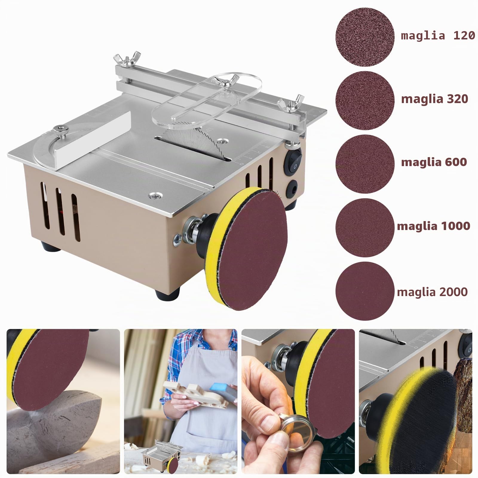 Mini sega circolare da tavolo con 4 lame, alimentazione a 7 velocità 96W Sega circolare di precisione portatile, lama da 0-15 mm Altezza regolabile per bricolage, legno, modellismo