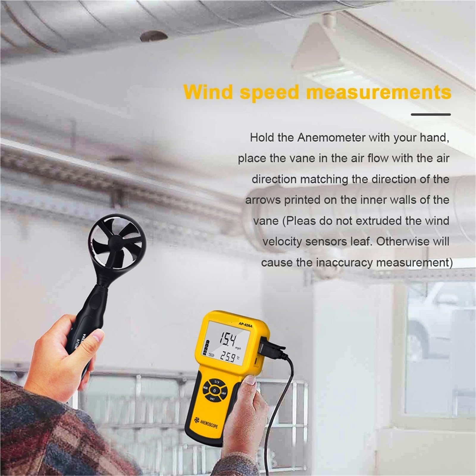 Anemómetro Digital for velocidad del aire, temperatura del flujo de aire, máx./promedio/corriente, medida en tiempo Real con luz trasera