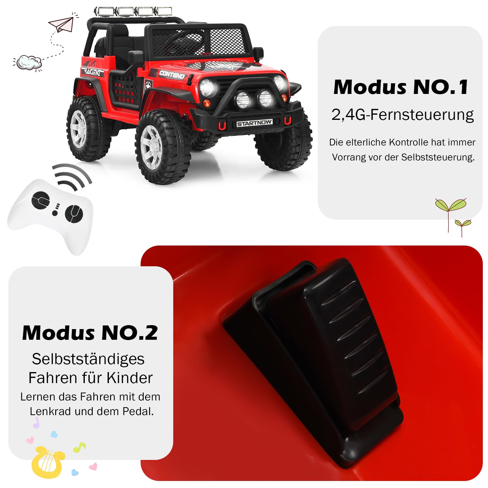 COSTWAY Elektryczny samochód dla dzieci, 12 V, elektryczny samochód dziecięcy z muzyką, klaksonem, USB, MP3 i radiem, 3 prędkości, w zestawie pilot zdalnego sterowania, elektryczny samochód dla dzieci