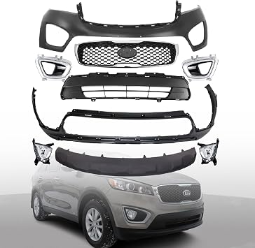 Complete Front Upper & Lower Bumper Cover Kit w/Grille w/Fog Light Compatible with Kia 2016 2017 2018 Sorento LX EX with license Plate Hole