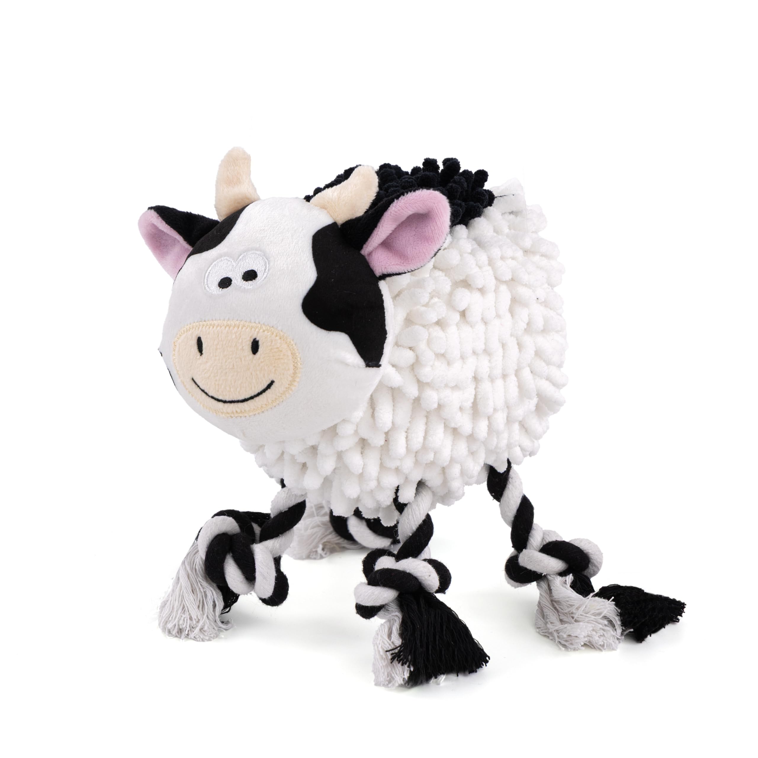 Fuzzl Farmyard Friends Dog Toy – Molly Moo Cow with Giggle Squeaker – Large Soft Noodle Fabric Plush with Durable Rope Legs – Interactive Tug Chew & Comfort Toy for Dogs