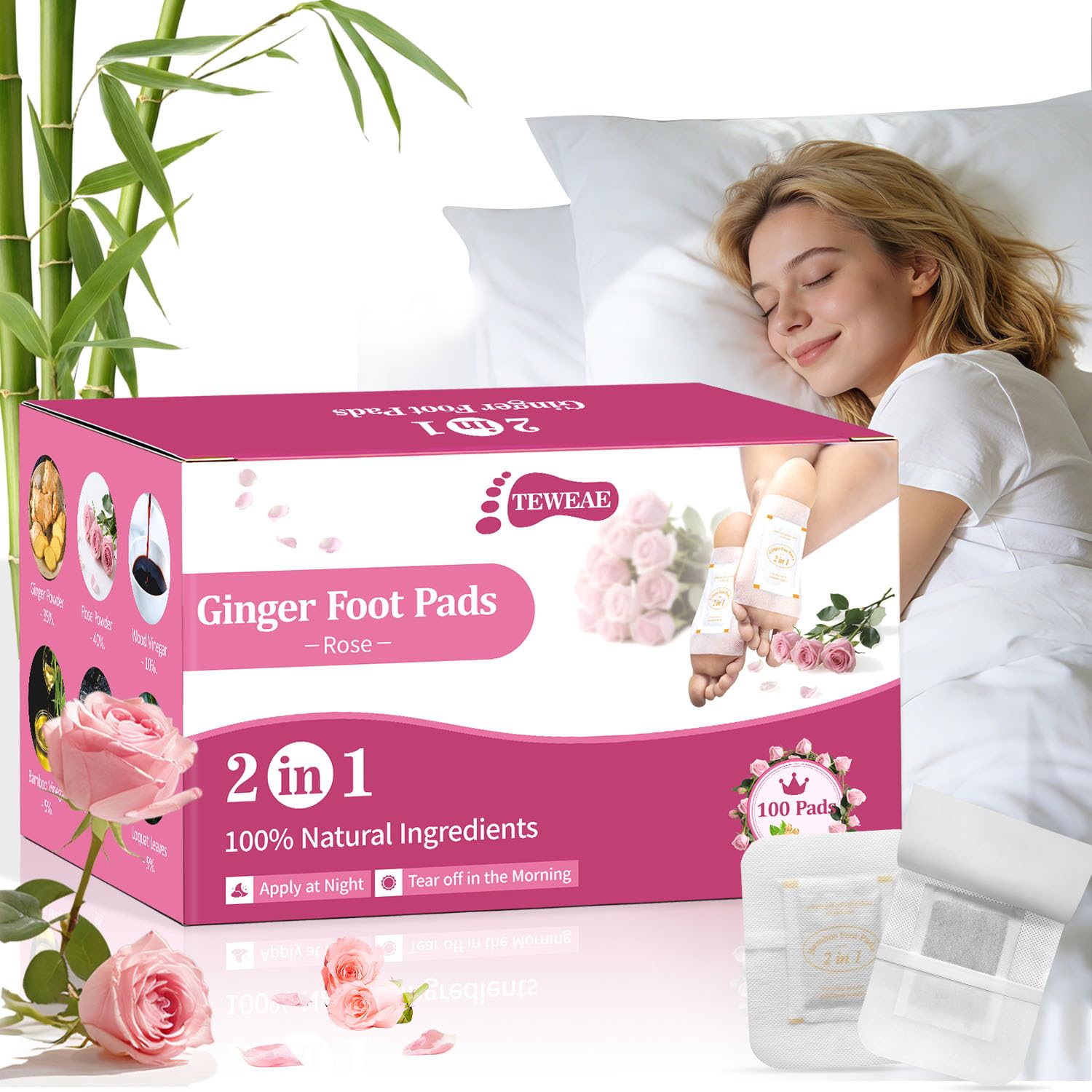 TEWEAE 100 Pads Foot Pads for Better Sleep, 2 in 1 Natural Rose Ginger &amp; Bamboo Vinegar Turmeric Wormwood - No Off - Improves Sleep and Relaxation - Premium Foot Care Good Night Foot Patches