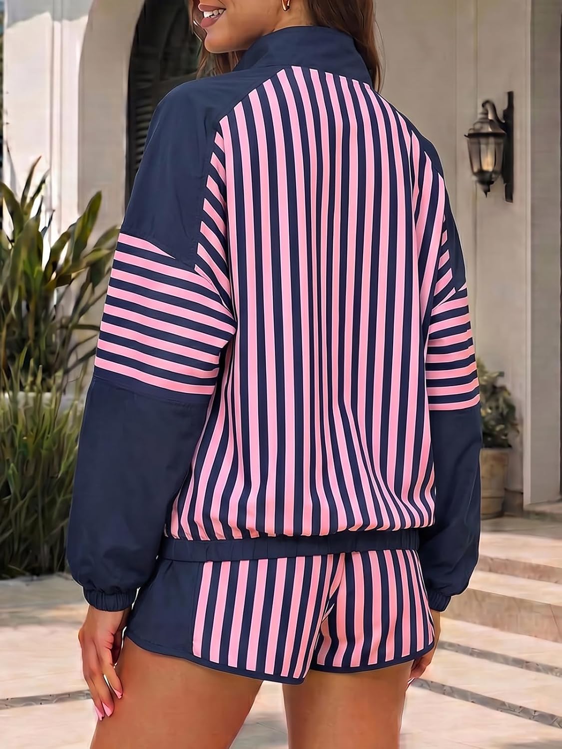 Fisoew Striped 2 Piece Sets for Women Tennis Athletic Short Set Fall Outfit | Athleisure, Oversized, Windbreaker, Preppy, 2 Piece Outfits, Pullover, Half-Zip, Running, Workout, Sweat Set, Casual, Coffee