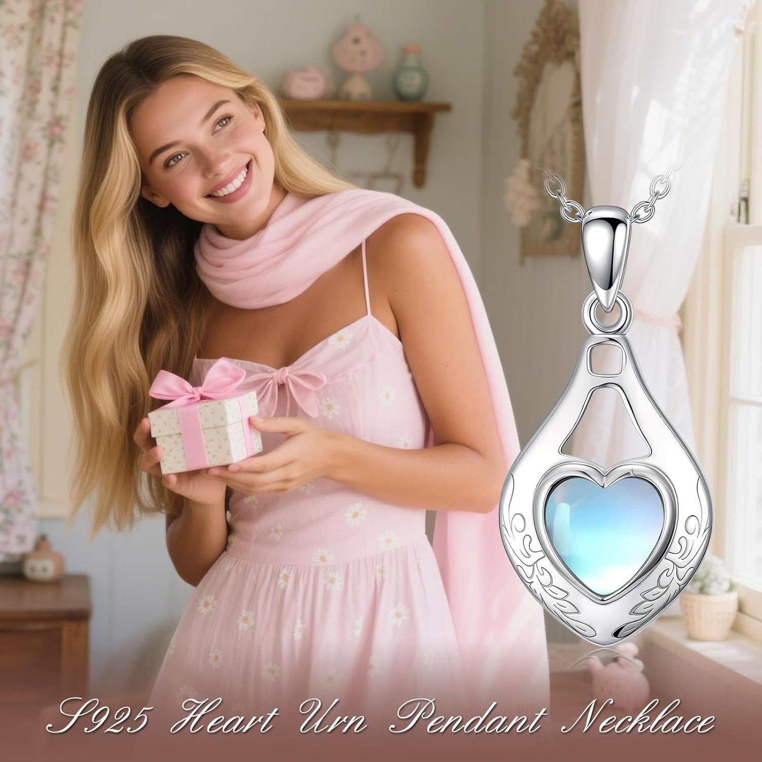 925 Sterling Silver Teardrop Urn Necklace for Ashes, Heart Shape Moonstone Memorial Keepsake Pendant Cremation Jewelry Gift for Ashes for Women Her Wife Mom Sister Friends 18+2" - Image 5