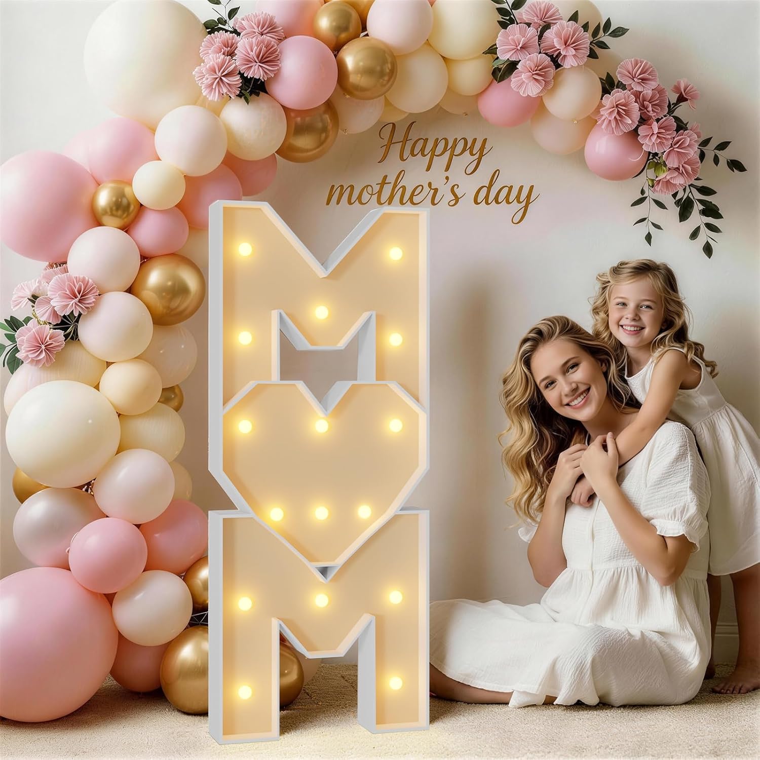 Tongjoy Mother's Day Decorations 4FT Light Up Marquee Letters, LED Letter Lights, DIY Large Heart for Mother's Day Party, Light Up MOM Sign