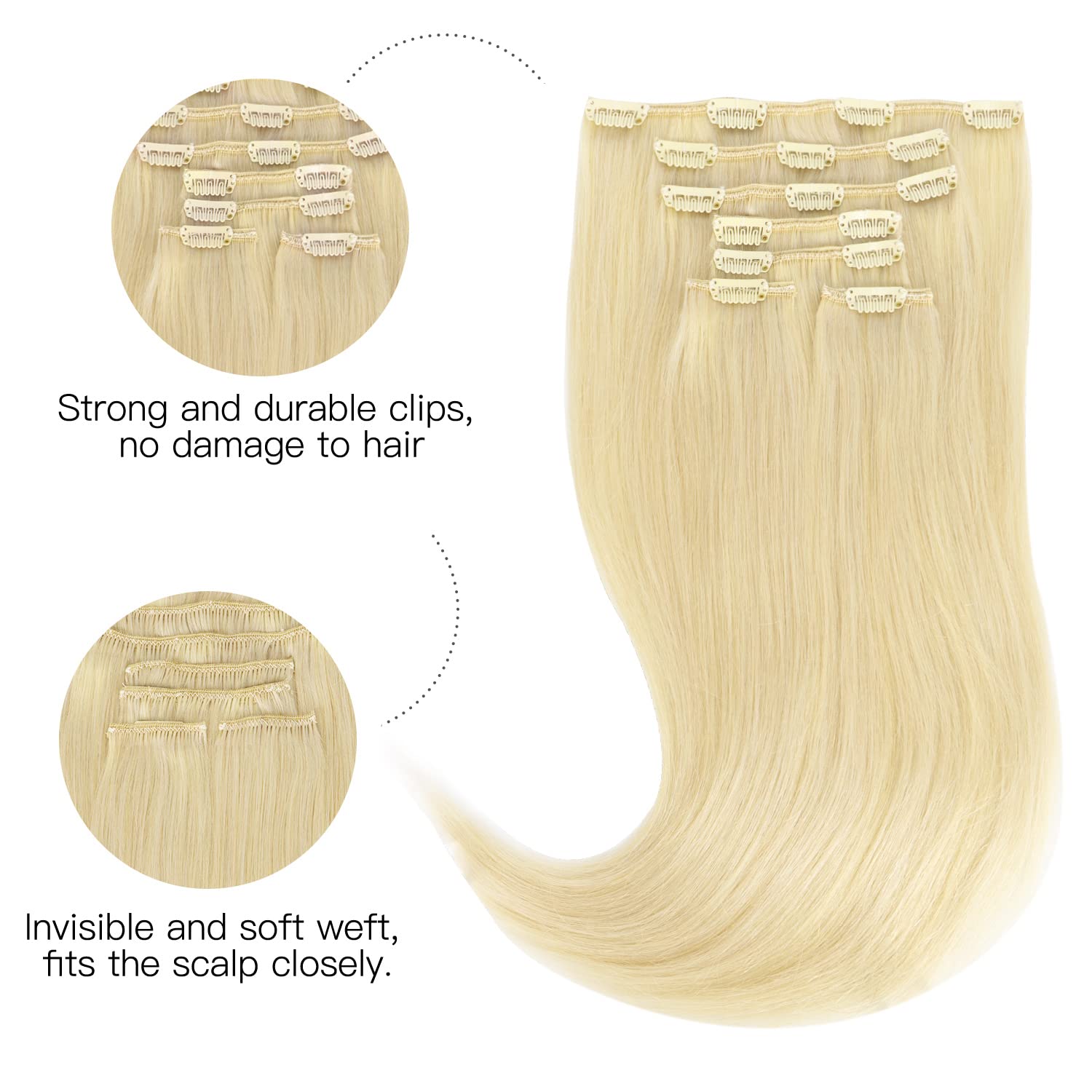 HOTBANANA Human Hair Clip in Hair Extensions, Bleach Blonde Hair Extensions 120g Clip in Hair Extensions Real Human Hair Straight Remy Hair Clip Ins 16 Inch 7pcs