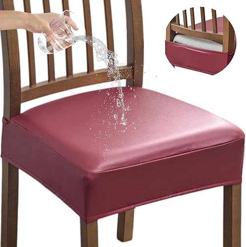 Vista 7 de HAOYONG Funda de asiento impermeable para sillas de comedor, 4 piezas, de piel sintética, lavable, protector de asiento para sillas de comedor