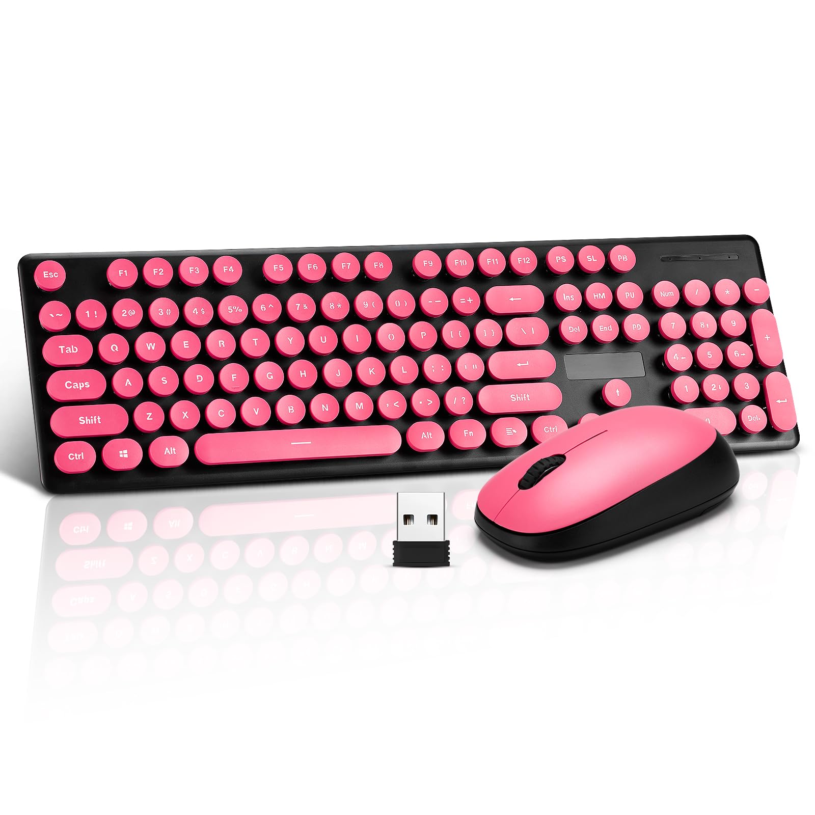 Wireless Keyboard and Mouse Combo, Full Size Compact Quiet Wireless Keyboard and Mouse Set 2.4G Ultra-Thin Sleek Design for Windows, Desktop, PC, Notebook, Laptop,Round Keys Rose Red with Punk Lipstick Mixed+punk