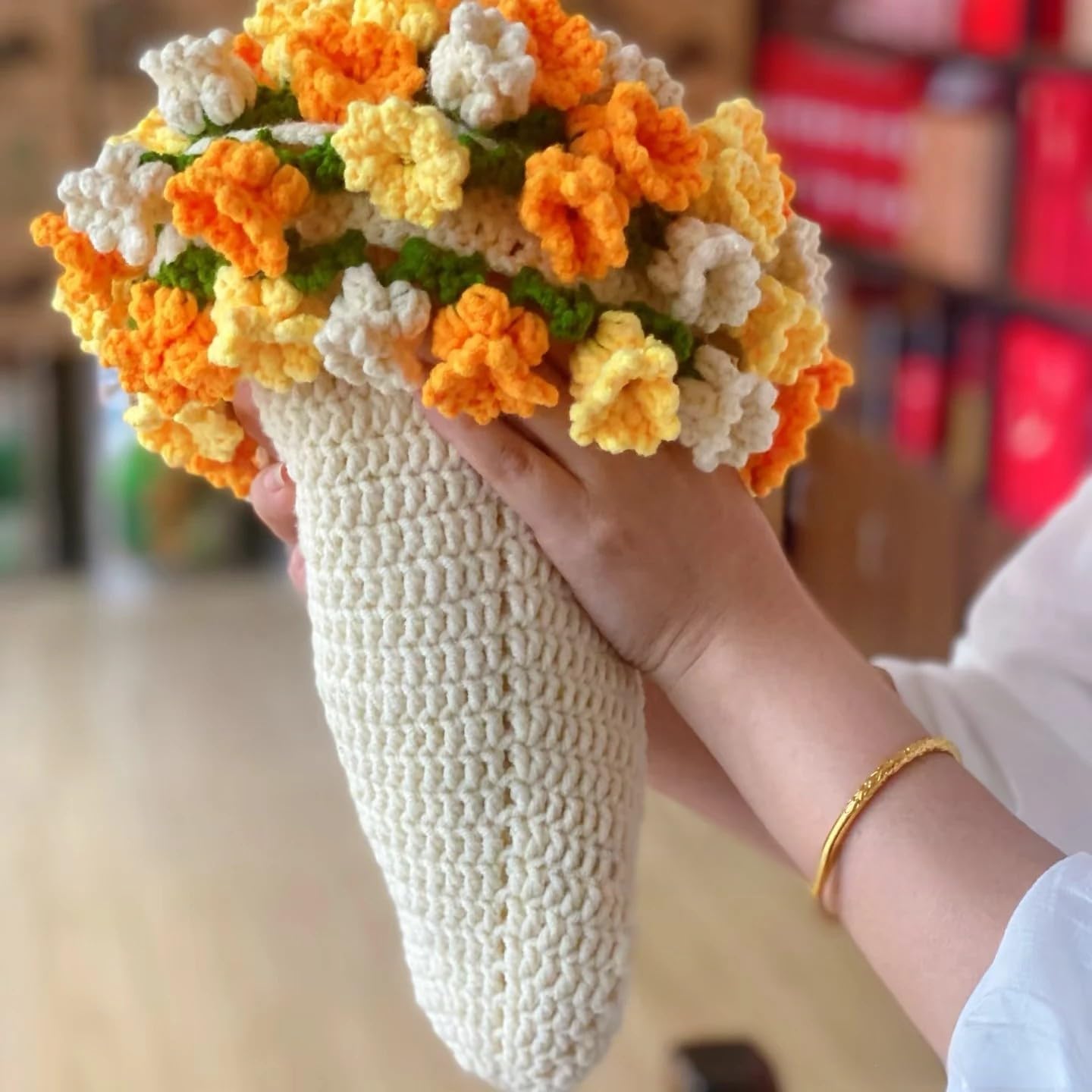 Handmade Crochet Flower Bouquet Blanket - 100% Acrylic Round Throw for Valentine's Day, Boho Home Decor (31"/43"/63", Rose/Lily/Sunflower) (Lily of The Valley(Mixed Yellow), 43'')
