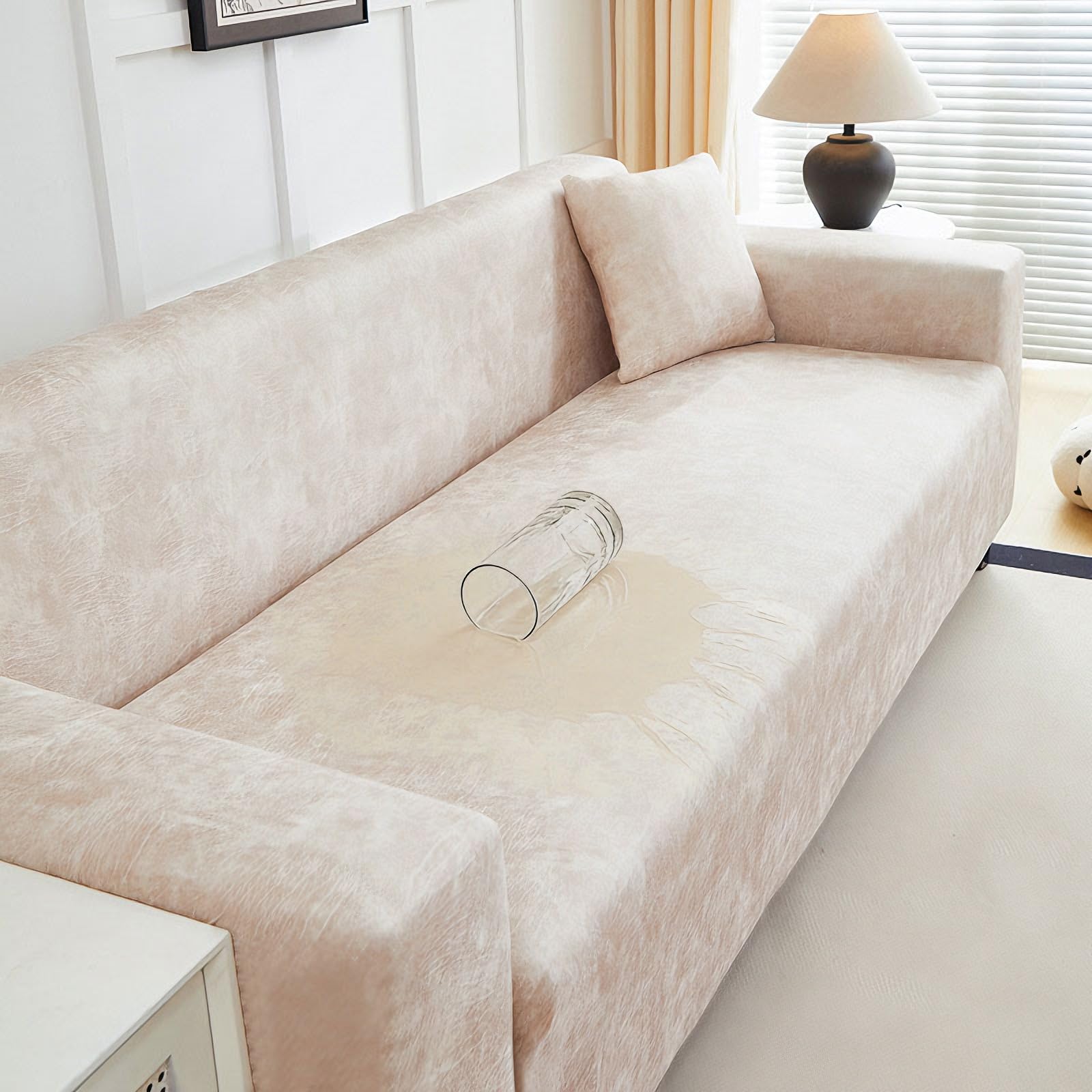 Housse de canapé simili cuir beige camel 3-4 places extensible 190-230cm